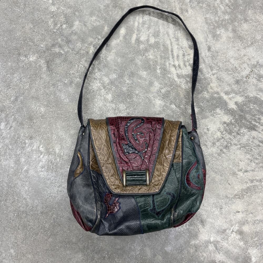 Vintage Sharif Womens Green Patchwork Multicolor Leather Purse Shoulder Bag